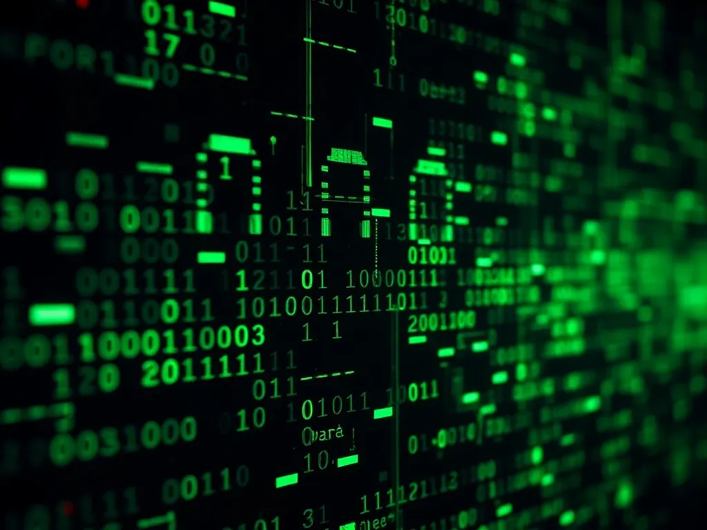 Close-up of a high-tech glitch art, digital distortion, gree