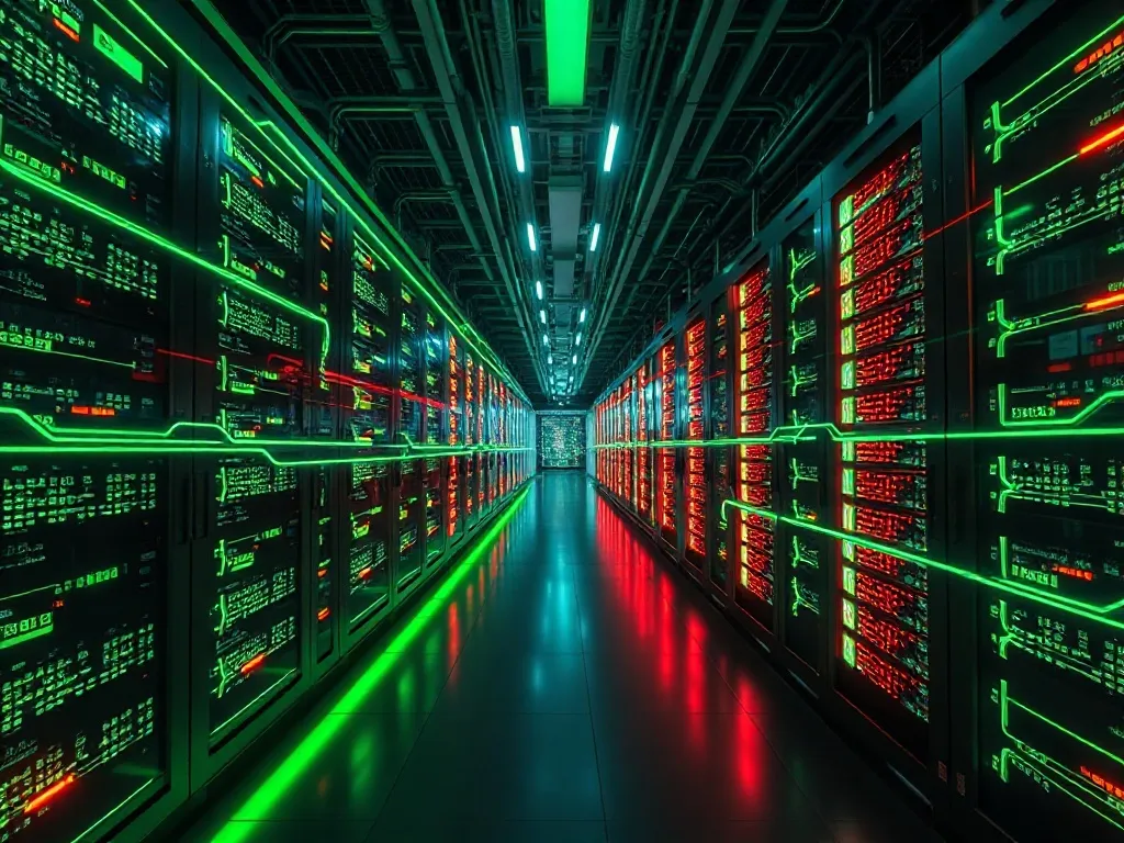 Cinematic wide shot of a futuristic data center with glowing