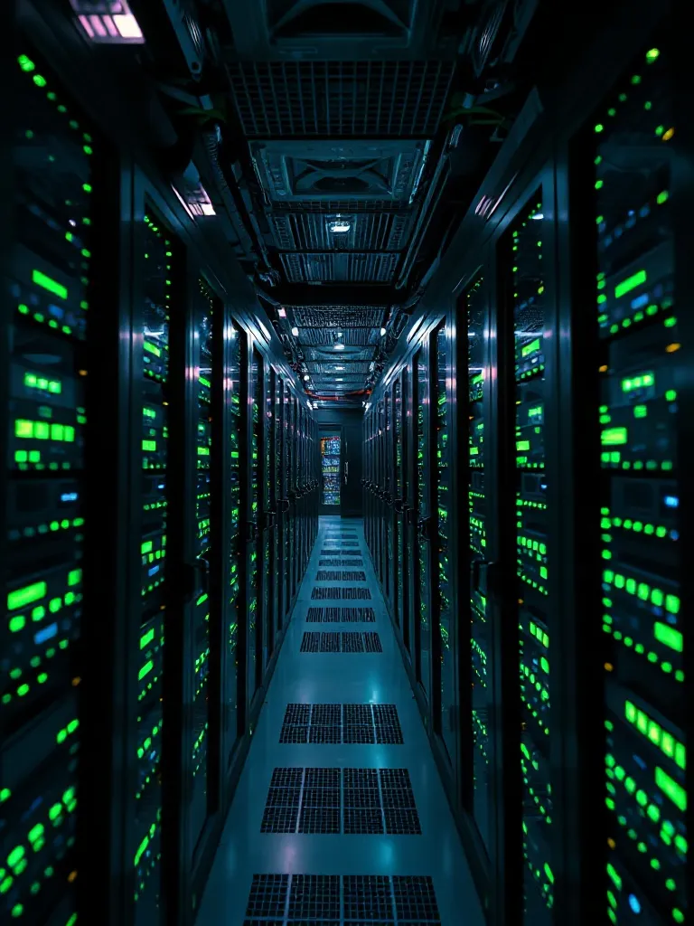 High-tech server room with green led lights, cinematic light